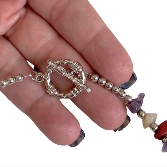 Multi Seed-Stone Beaded Silver Tone Necklace and Dangle Drop Earring’s - Picture 6 of 6